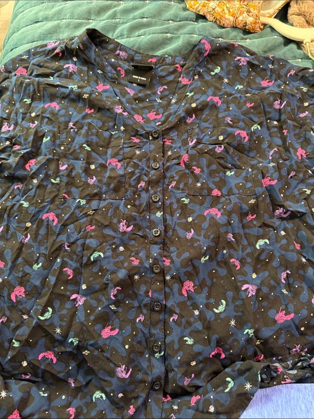 Disney Black Button-Front Top with Stitch Pink, Purple and Teal Accents